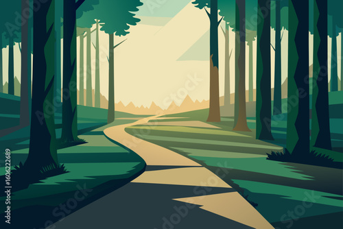 Sunbeams illuminate a winding path through a stylized forest
