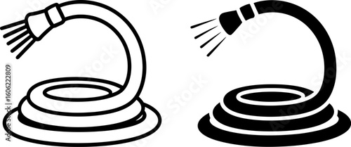 Coiled Garden Hose with Spray Nozzle: Black and White Line Art Icons, Simple, Clean Design