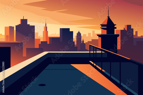 Stylized cityscape at sunset with geometric shapes