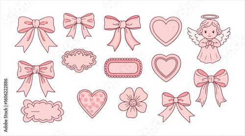 Collection of delightful coquette bows, ribbons, patches, flowers, cherries, hearts, and angels. Stylish vintage cliparts in pastel pink shades. Hand-drawn line art girly decorations. Vector