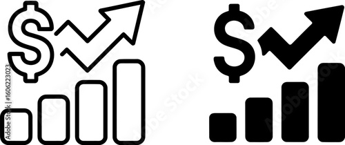 Financial Growth Icons:  Upward Trending Bar Graph with Dollar Sign, Line and Solid Styles, Positive Business Concept.