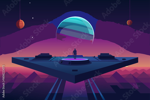 Dj performing on a futuristic stage with a sunset backdrop