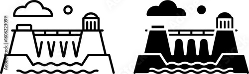 Hydroelectric Dam Icons: Line Art and Solid Black Styles, Renewable Energy, Power Generation, Water Resource Management.