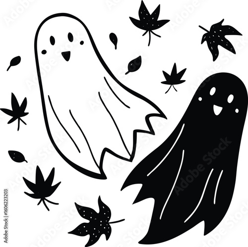 cute cartoon ghosts floating happily among falling red autumn leaves—adorable kawaii Halloween characters vector illustration for the fall season, isolated on a white background.