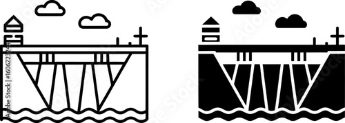 Hydroelectric Dam Icon: Line Art and Solid Fill Versions, Modern Minimalist Style, Clean and Simple Design.