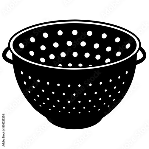A black silhouette of a colander with handles on a white background