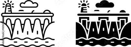 Hydroelectric Dam Icon: Line Art and Solid Glyph Styles, Modern Energy Production Illustration