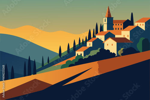 Stylized italian village on a hillside at sunset