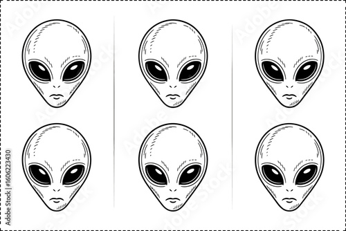 Alien face silhouette vector set, extraterrestrial head icon collection, sci fi design, unique creative illustration for decor