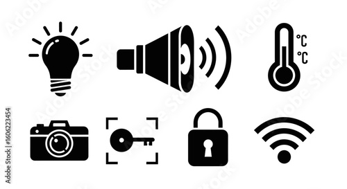 Collection of simple black icons depicting lightbulb, speaker, thermometer, camera, key, lock, and wifi signal.
