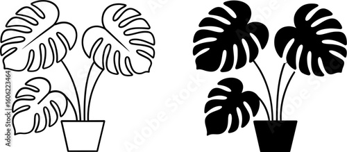 Monstera deliciosa plant pot line art and solid black icons; minimalist, botanical illustration; modern, clean design.