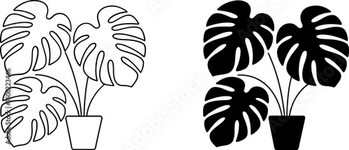 Minimalist Monstera Deliciosa Plant Line Art and Silhouette Icons: Home Decor, Botanical Illustration