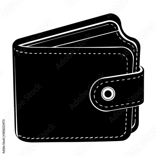 A black silhouette of a folded leather wallet with stitching, isolated on a white background