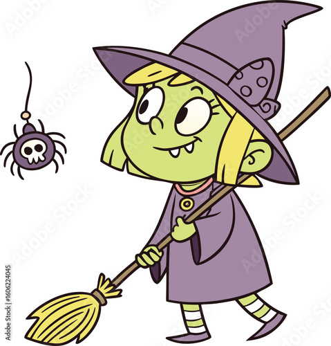 A cartoon witch in a purple dress and hat, walking with her broomstick and a dangling spider, with a skull in her pocket. Cute Halloween character vector illustration isolated on white.
