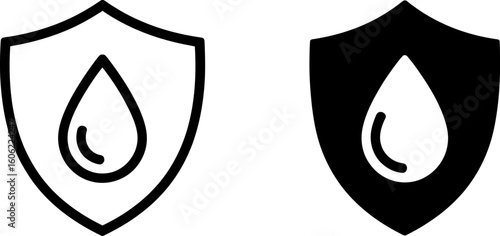 Water Drop Protection Shield Icons: Outline and Solid Black Versions for Security and Safety Concepts.