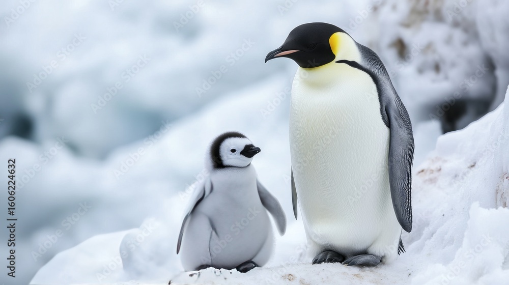 Fototapeta premium Fluffy emperor penguin chicks standing on snowy antarctic terrain in cold winter light, depicting wildlife behavior and parental bond in natural habitat