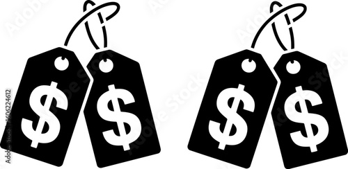 Two Black Price Tags with Dollar Signs: Simple, Bold, Financial Icon Set