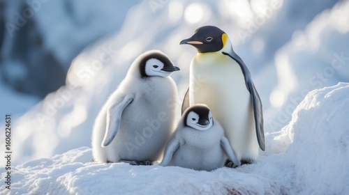 Fluffy emperor penguin chicks standing on snowy antarctic terrain in cold winter light, depicting wildlife behavior and parental bond in natural habitat





