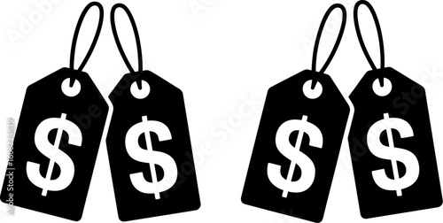 Two Black Price Tags with Dollar Signs; Simple, Bold, Financial Icon;  Commercial Use.
