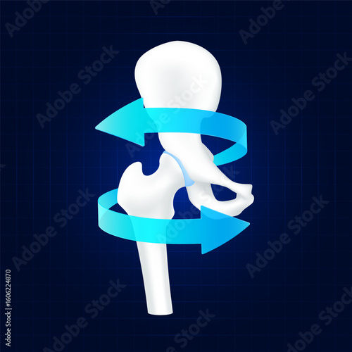 Healthy bone. Blue rotating arrow around hip joint cartilage on dark background. Strong human femur anatomy. For design medical or scientific treatments. Vector EPS10.