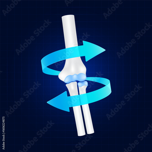 Healthy bone. Blue rotating arrow around elbow joint cartilage on dark background. Strong human arm anatomy. For design medical or scientific treatments. Vector EPS10.