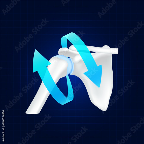 Healthy bone. Blue rotating arrow around shoulder joint cartilage on dark background. Strong human arm anatomy. For design medical or scientific treatments. Vector EPS10.