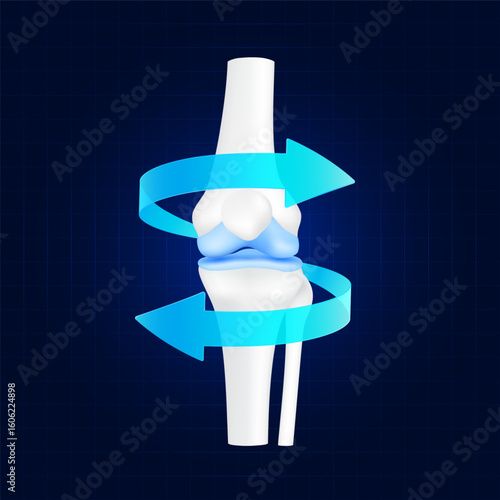 Healthy bone. Blue rotating arrow around knee joint cartilage on dark background. Strong human leg anatomy. For design medical or scientific treatments. Vector EPS10.