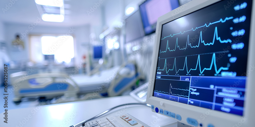 Fototapeta premium Cardiac Monitor in Modern Hospital Room | Heartbeat Display on ICU Equipment | Medical Technology in Patient Care Unit
