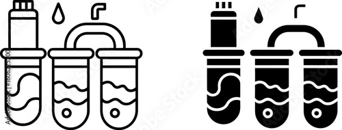 Water filtration system: Line art and solid icon set, depicting clean and efficient liquid purification process.