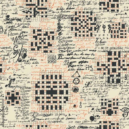 Seamless pattern with  crosswords and handwritten Lorem Ipsum text. Abstract texture on old shabby paper. Fabric, wallpaper, wrapping paper, tile. Book page, magazine. Endpaper. No AI. 