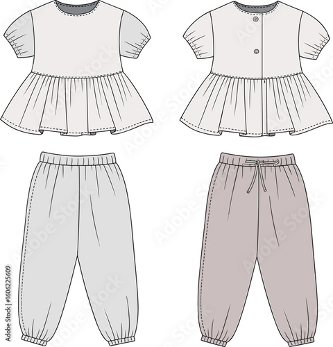 Girls Peplum Top and Jogger Pants Set, Puff Sleeve Button Back Blouse, Cute Kidswear, CAD Drawing Flat Vector Illustration