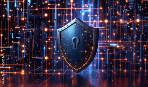 Digital background. Cybersecurity, password protect personal information from online. Cyber security network. Shield icon and internet technology background. Protecting data online information.
