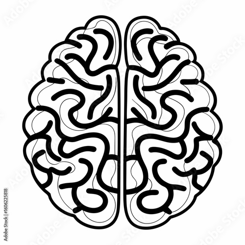 Simple black and white illustration of a human brain, split in half.