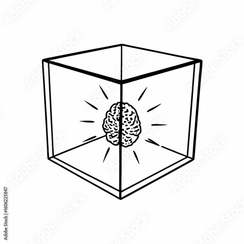 A human brain, seemingly dissected, sits within a transparent cube, radiating light.