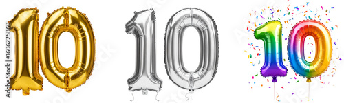 Set Silver chrome number 10 balloon with slight tilt and shadow, isolated on transparent background PNG