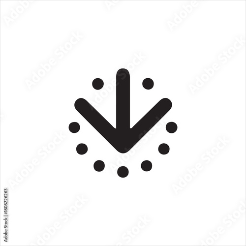 Black downward pointing arrow with surrounding dots on white background direction symbol