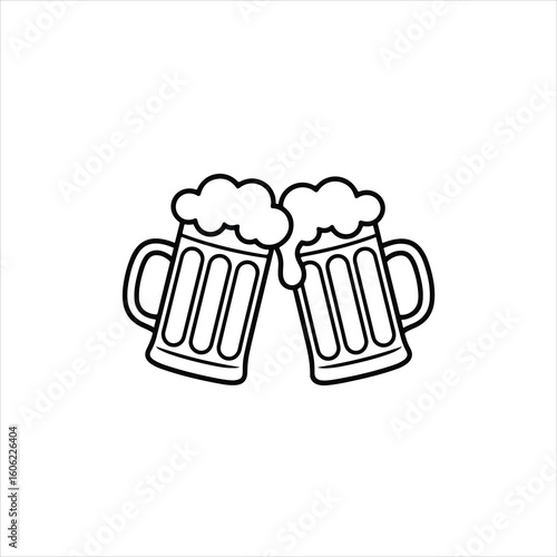 Two beer mugs clinking with foam on white background toasting