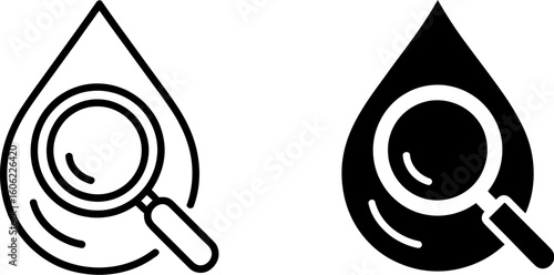 Water Drop Analysis: Line Art and Solid Icon Set for Research, Investigation, and Purity Concepts.