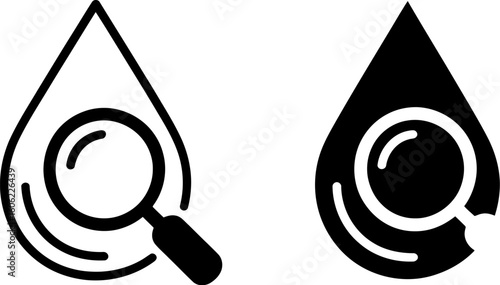 Water Drop Analysis: Magnifying Glass Icon Set, Line and Solid Styles, Scientific Research Concept