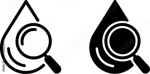 Water Drop Analysis: Magnifying Glass Icons, Line and Solid Styles, Scientific Research Concept