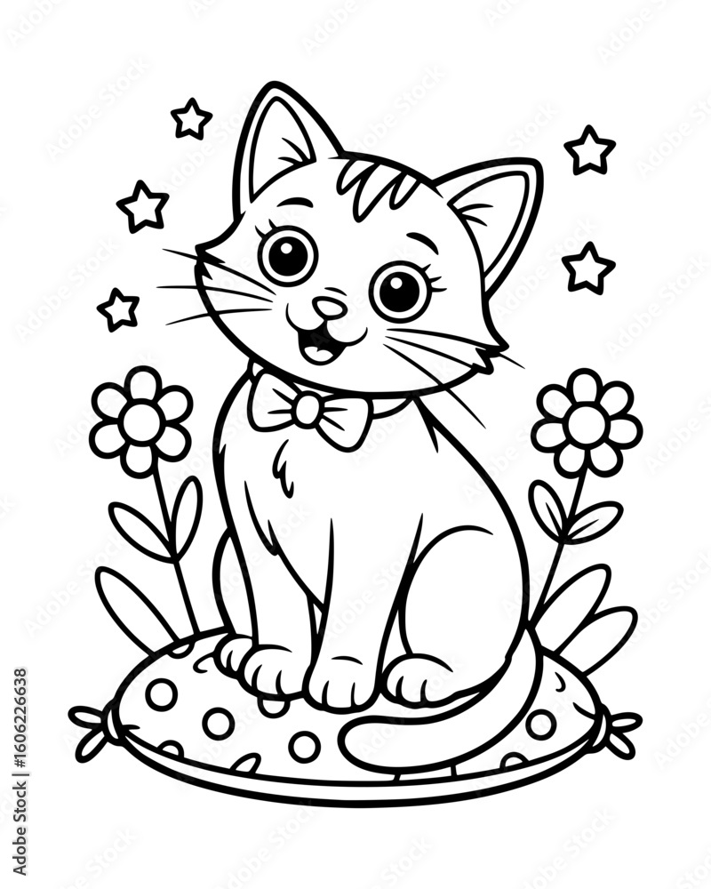 Obraz premium Cute Cat Coloring Page – Black and White Line Art for Kids
