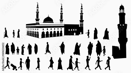 Silhouette of a mosque with minarets and people walking around it in a black and white illustration