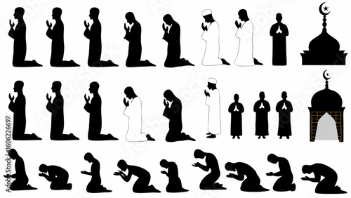 Silhouette illustration showing muslims praying in different positions and mosque domes with crescent moon