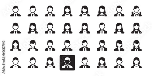 A grid of black and white user icons with a highlighted selected user in a square block icon