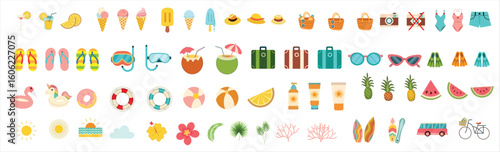 A collection of colorful icons for summer activities such as swimming, sunbathing, and boating.