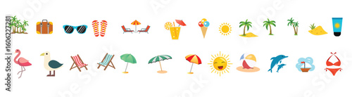A collection of colorful icons for summer activities such as swimming, sunbathing, and boating.