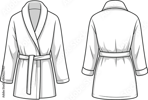 Women’s bathrobe with shawl collar, long sleeves, waist belt, cozy loungewear, soft fabric, front and back view, CAD drawing, flat vector illustration