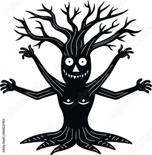 Funny cartoon Halloween tree character with a ghost, owl, and jack-o'-lantern. Cute and spooky autumn forest scene for kids. Flat vector illustration isolated on white.