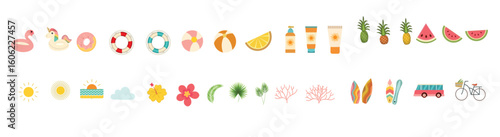 A collection of colorful icons for summer activities such as swimming, sunbathing, and boating.