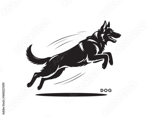A black silhouette of a german shepherd dog leaping with motion lines on a white background illustration